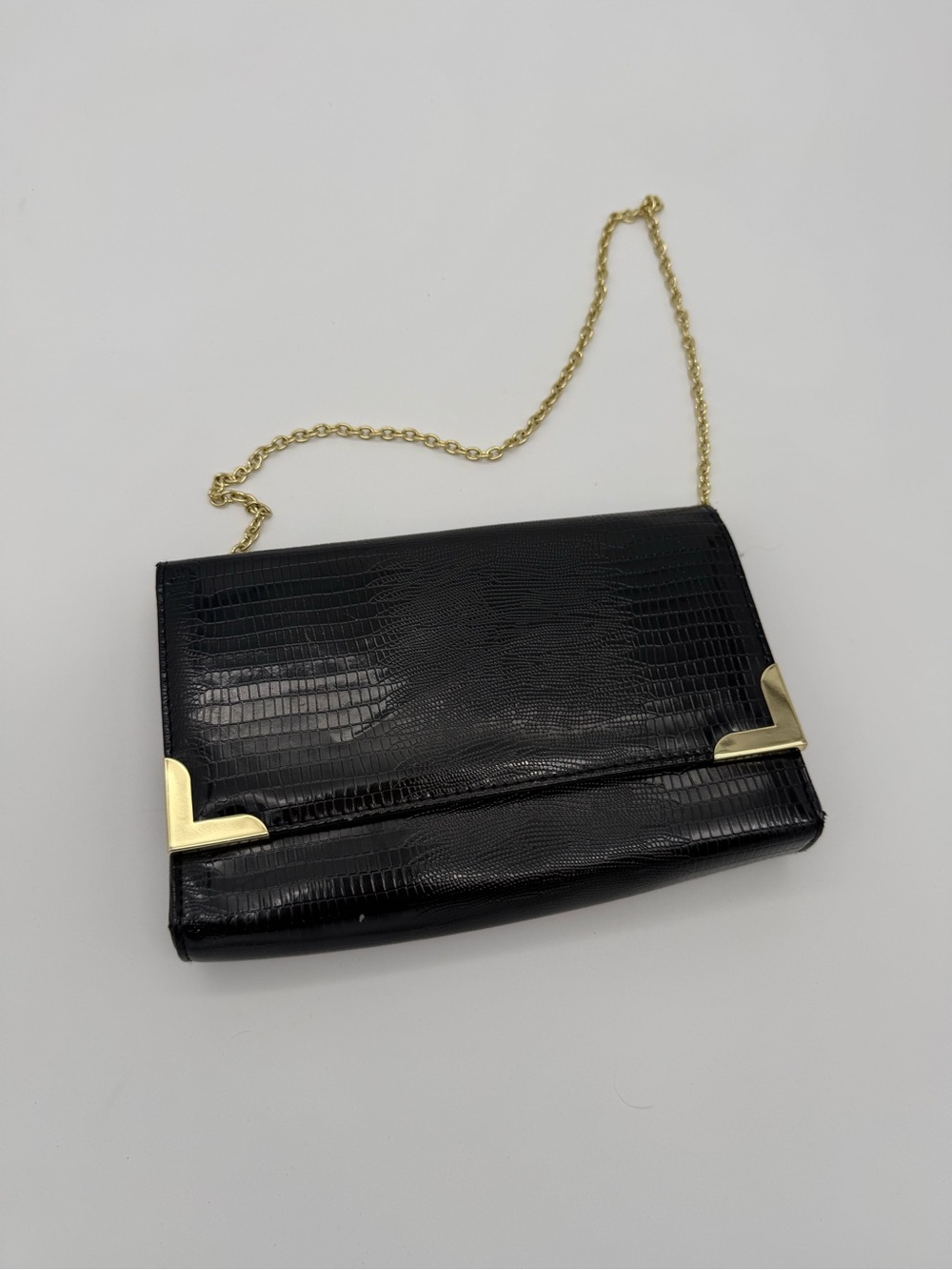 Black Faux-Croc Chain Shoulder Bag with Gold Corners